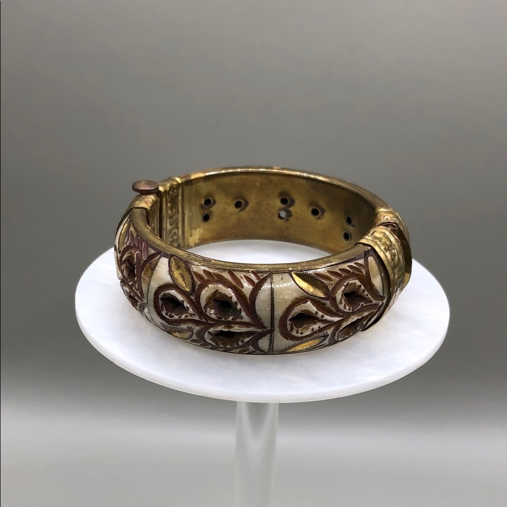 Carved bone hinge bangle bracelet vintage handmade India boho rustic statement.
